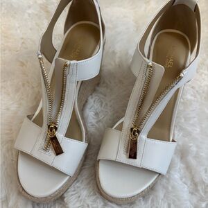 Michael Kors Cream Wedge Sandals with Gold Zipper